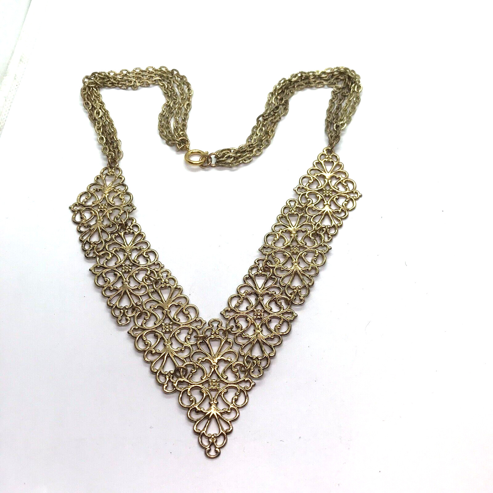 Vintage Necklace filigree Panels Gold Tone Chains Mod Retro Metal