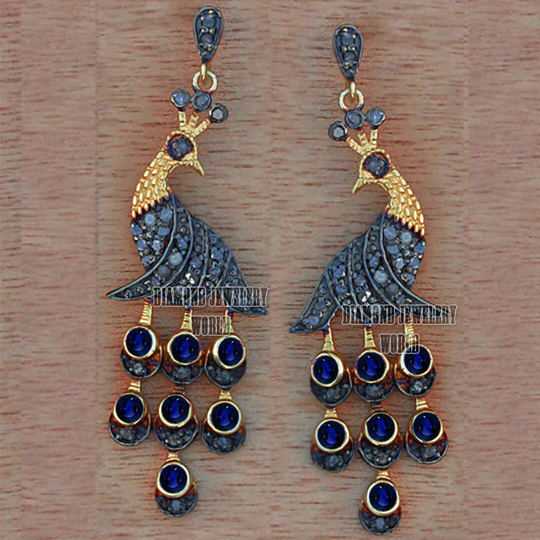 1.35ctw Rose Cut Diamond Sapphire Studded Silver Vintage Peacock Earring Jewelry