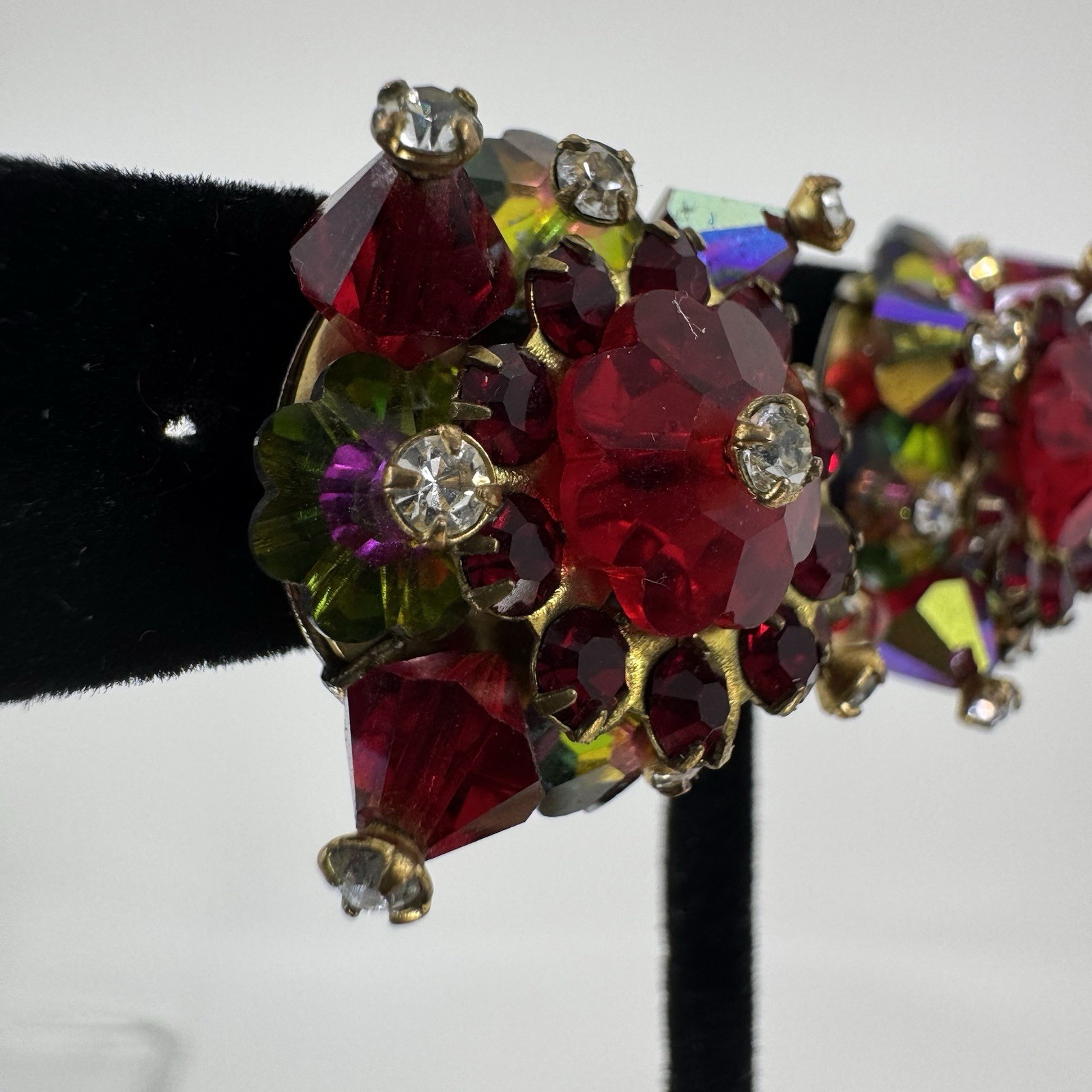 Vintage AB Red & Watermelon Rhinestone & Crystal Beaded Clip On Earrings