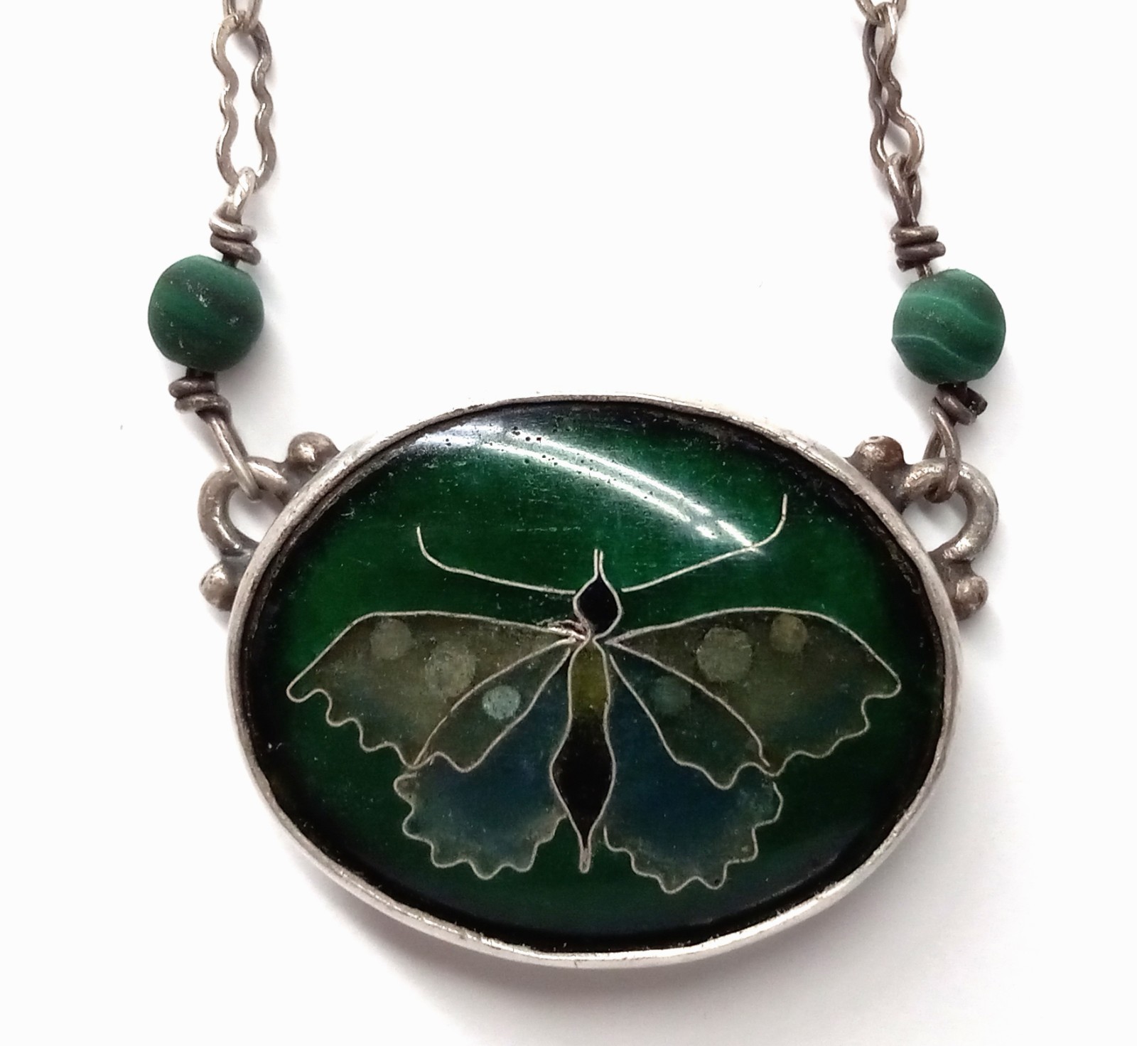 SIGNED TONI STRASSLER CLOISENNE PENDANT NECKLACE BUTTERFLY 9/1978