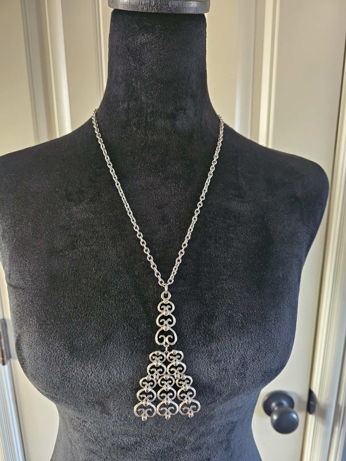 Vintage Brutalist Scroll Tree Pendant Necklace Silvertone Textured Chain