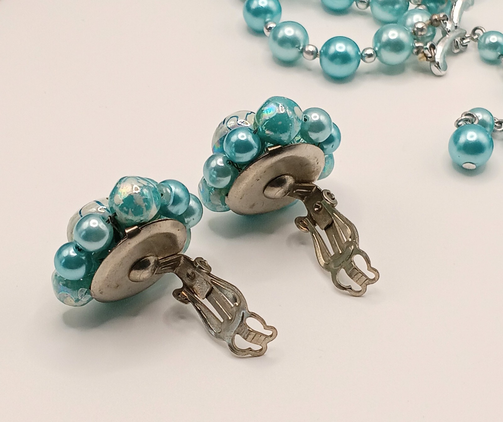 VTG Blue/AB Bead Demi Parure 3 Strand Stamped Japan Necklace And Clipon Earrings