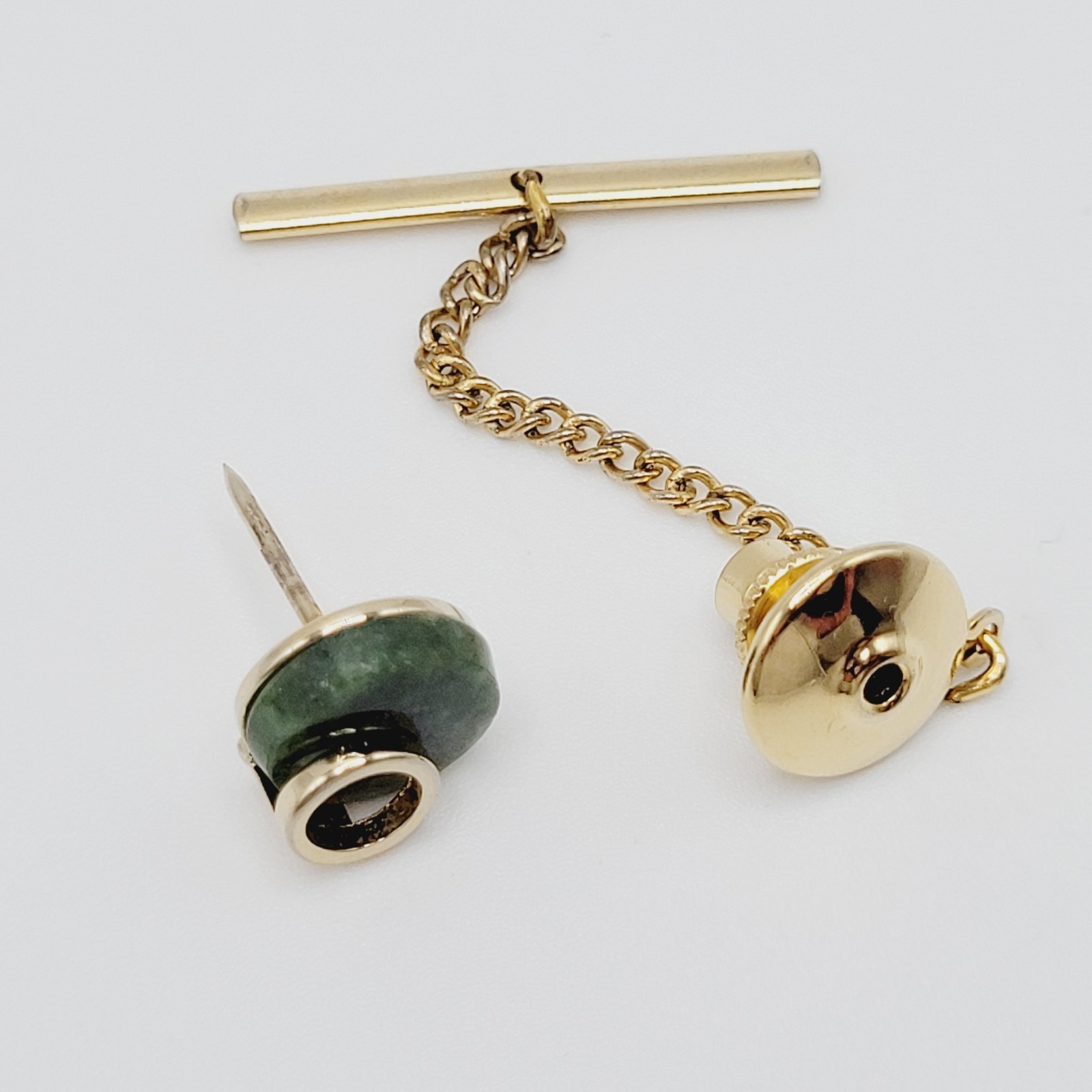 Modernist Style Dark Green Jadeite Stone Disc Open Circle Gold Tone Tie Tack Pin