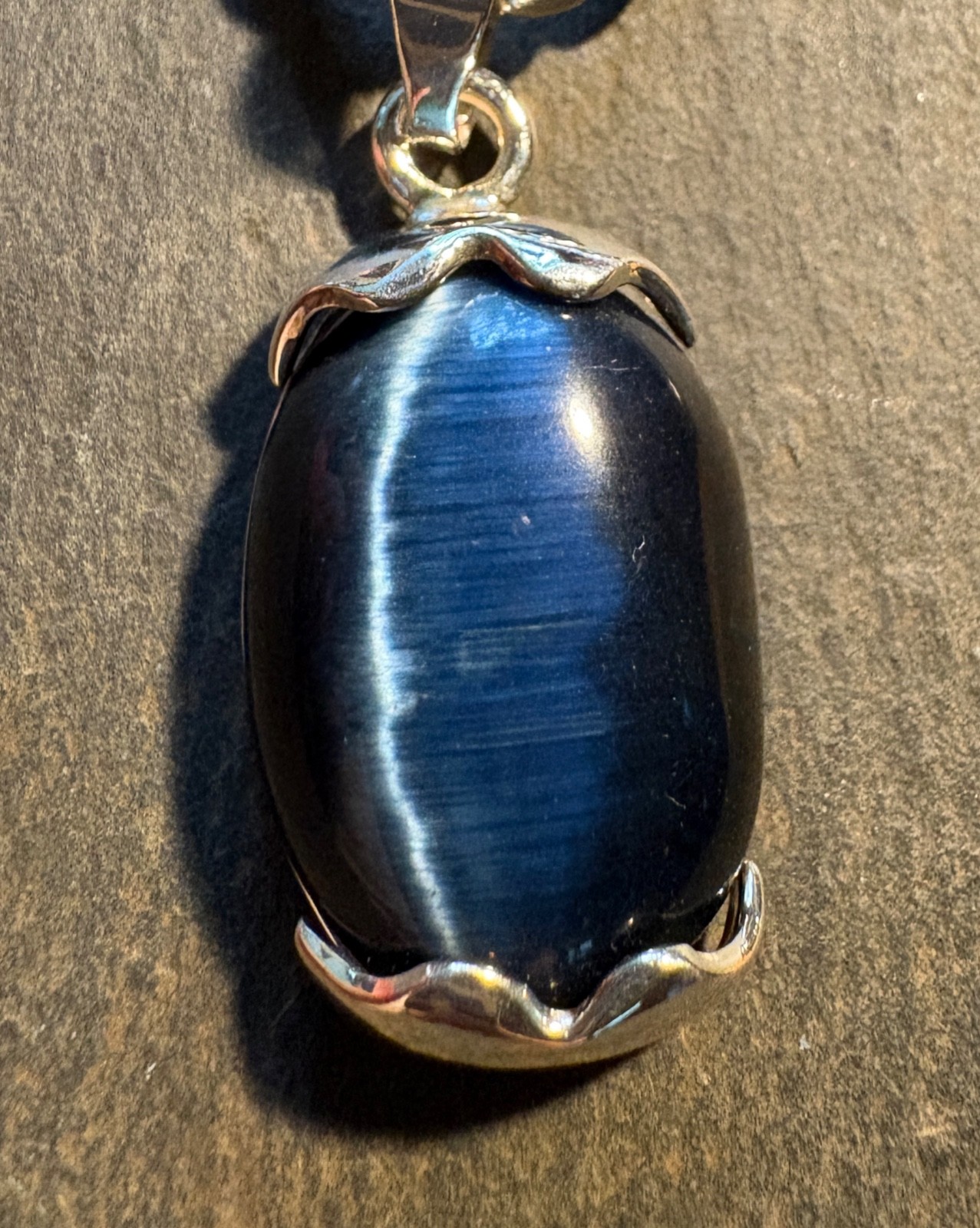 Midnight Blue 925 Cat’s Eye Pendant & 20” Beaded Chain Mexico #J27