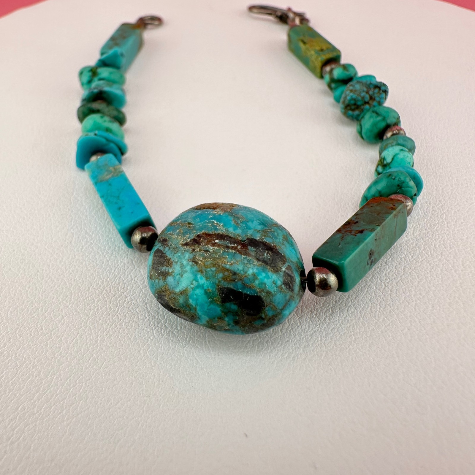 Vintage Turquoise Bead Sterling Silver Bracelet Blue Green South Western 6.25″