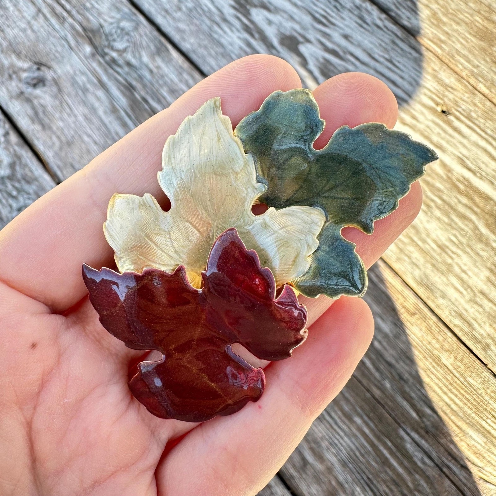 Vintage Jewelry Layered Leaf Brooch Enamel Leaves Pin