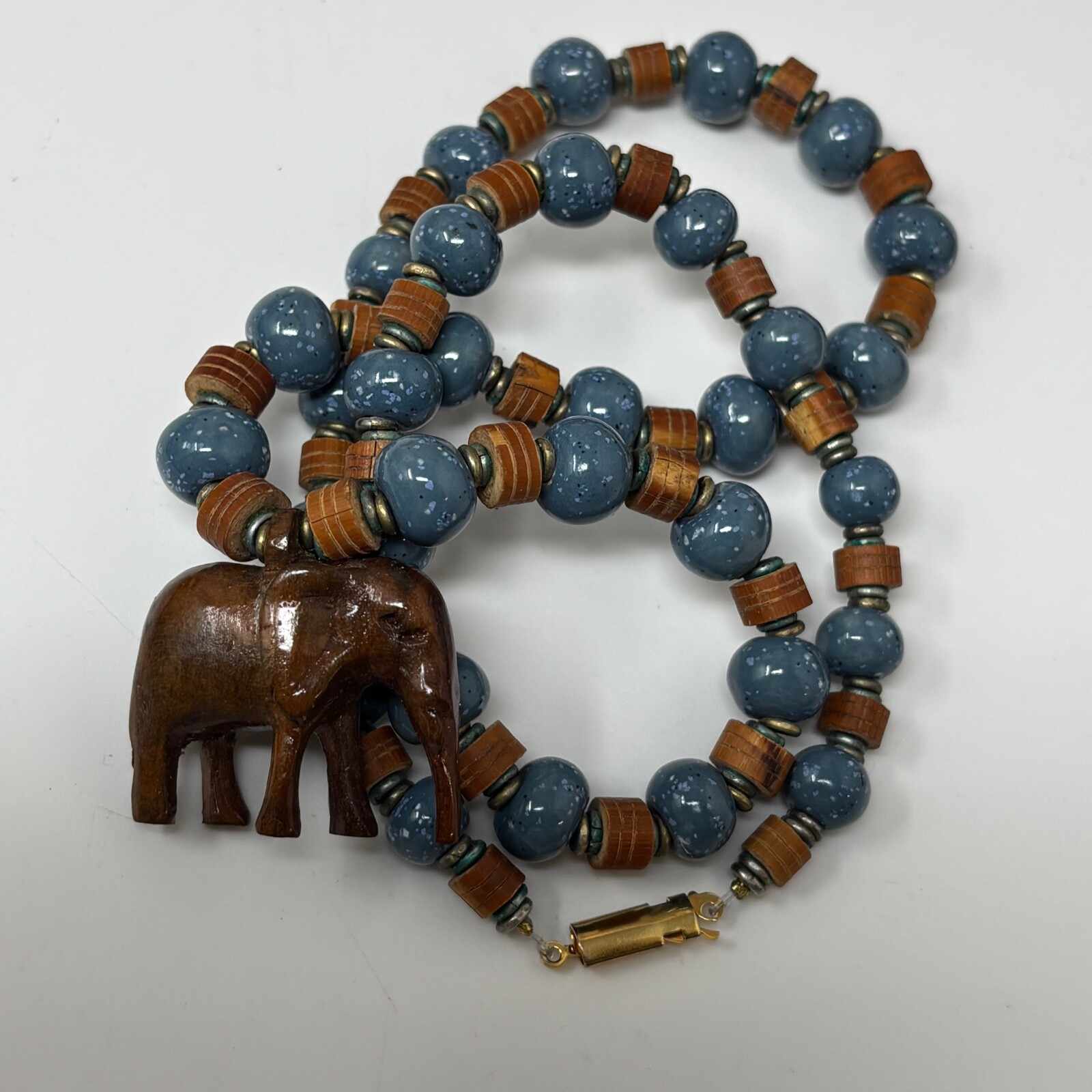 Vintage Beaded Necklace Blue Ceramic Tan Wood with Elephant Pendant Verdigris