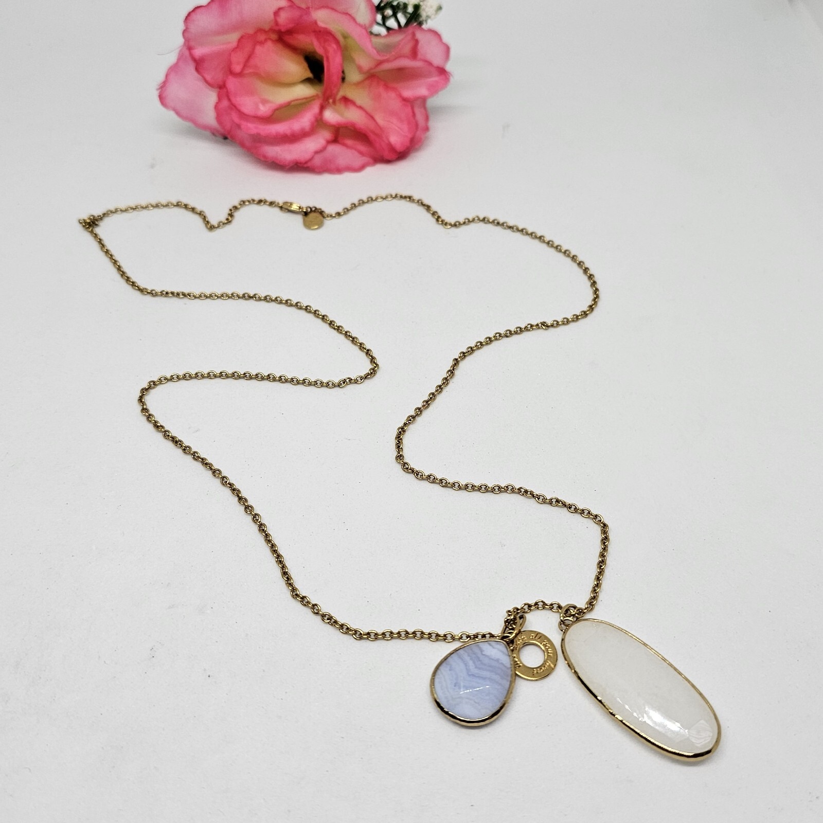 STELLA & DOT Gold Pink Blue Agate stone Charm Pendant Chain Necklace