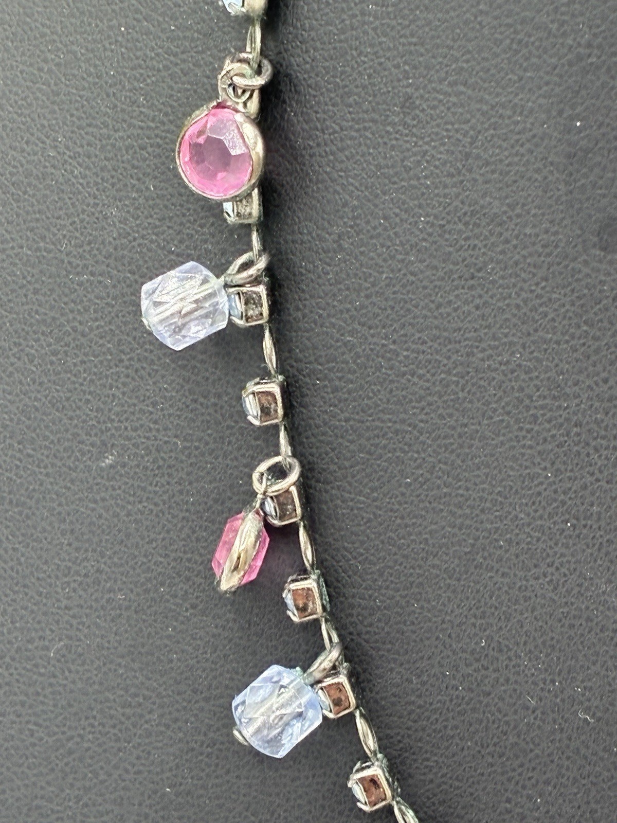 Vintage Rhinestone Chain Necklace Pink Clear Crystal Drops Gunmetal 16”