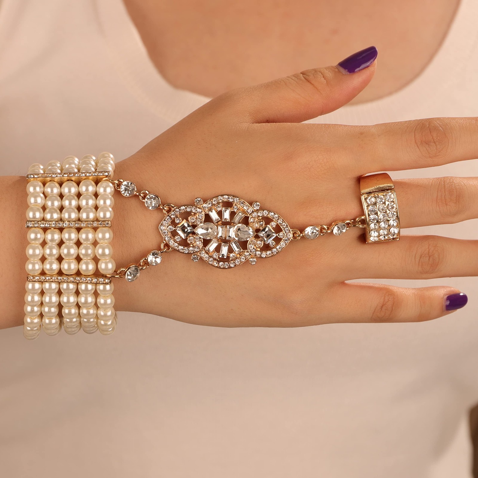 Vintage 1920s Flapper Faux Pearl Gold Rhinestone Stretch Bracelet – Wedding Part