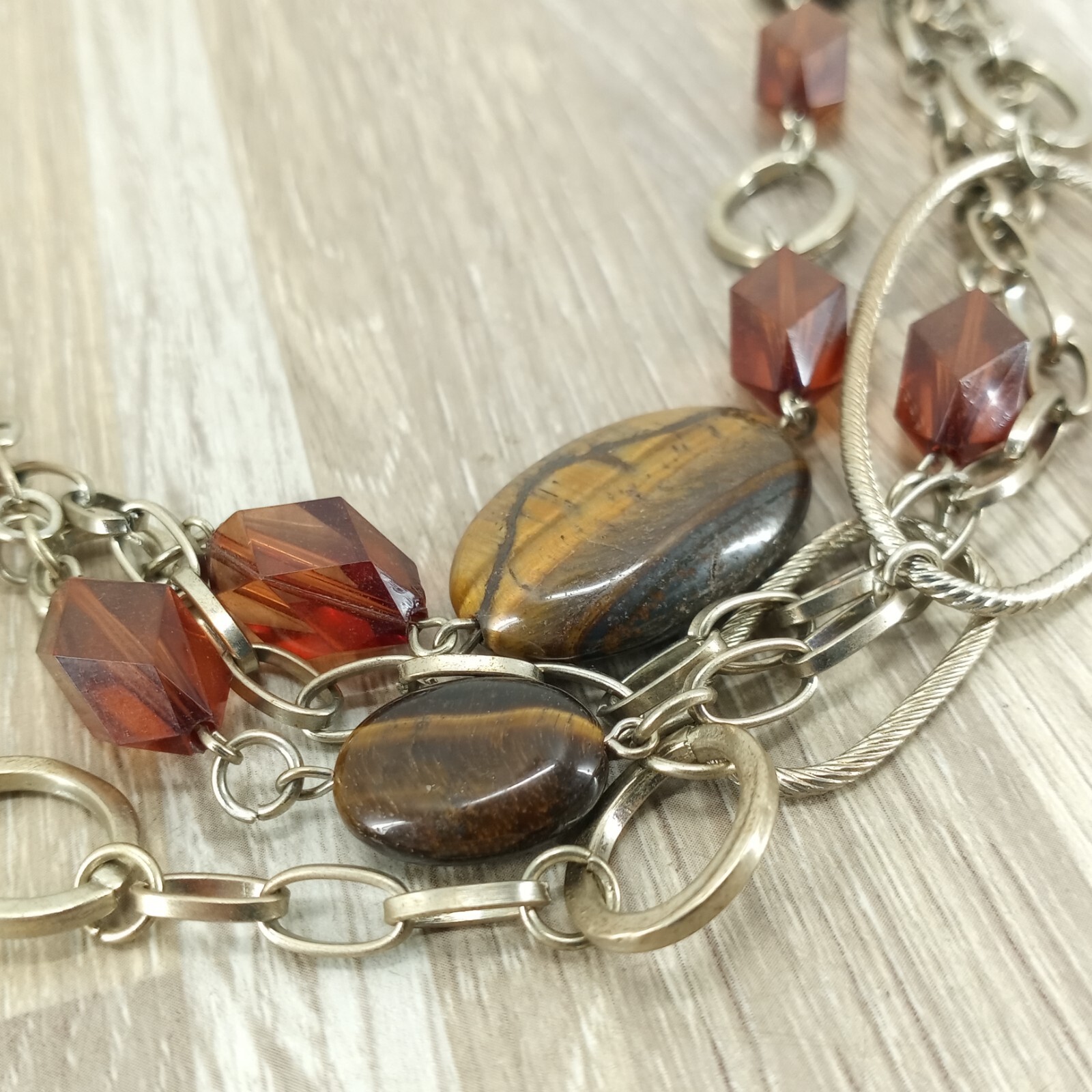 Vtg Necklace Tiger Eye Stones with Acrylic Beads Multi Strand Fashion Jewelry
