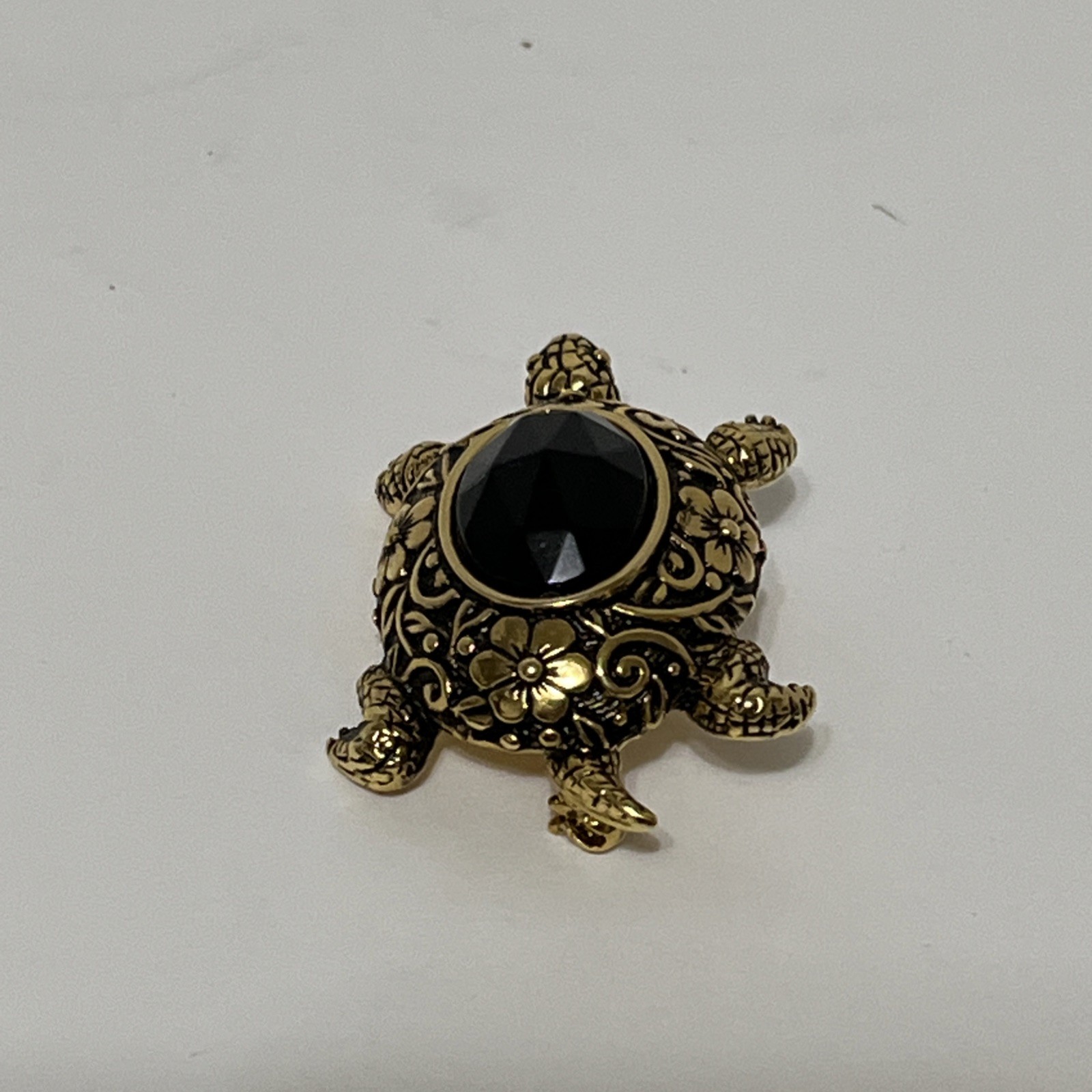 1928 Brand Brooch Turtle Tortoise Black Faceted Acrylic Shell Gold Flower Motif