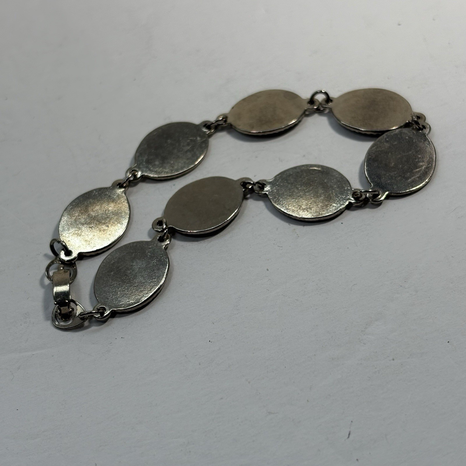 Vintage Silver Tone Abalone Link Bracelet Paua Shell Oval 8″