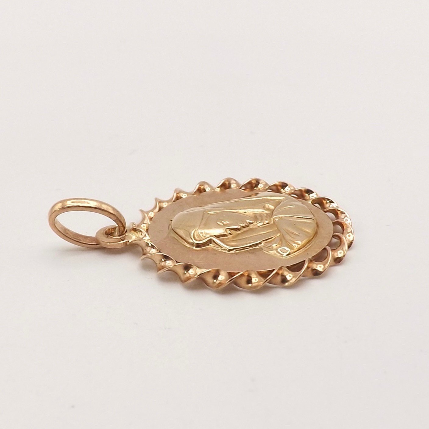 Solid 18k Rose Gold Mother Sorrows Madonna Medal Charm Pendant Rope Frame Italy