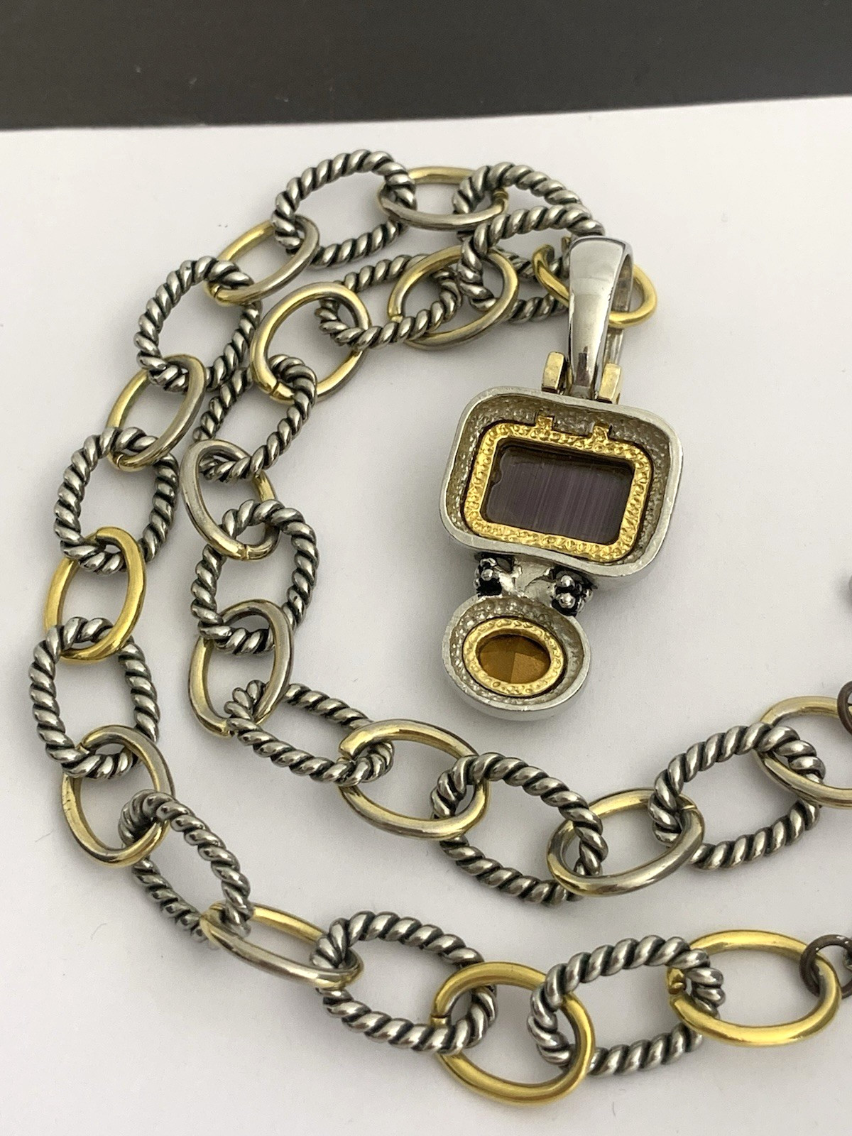 Vintage Silver and Gold Tone Cable Chunky Chain Necklace w/ Purple Stone Pendant