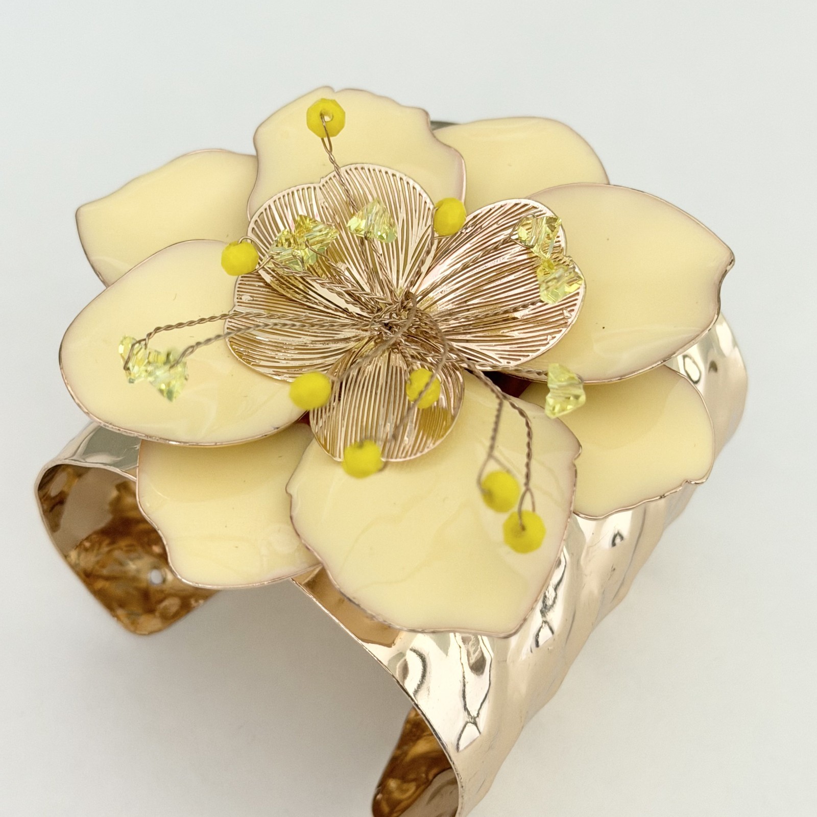 Ladies Huge Flower Statement Cuff Bracelet Yellow Enamel Glass Beaded Gold Tone