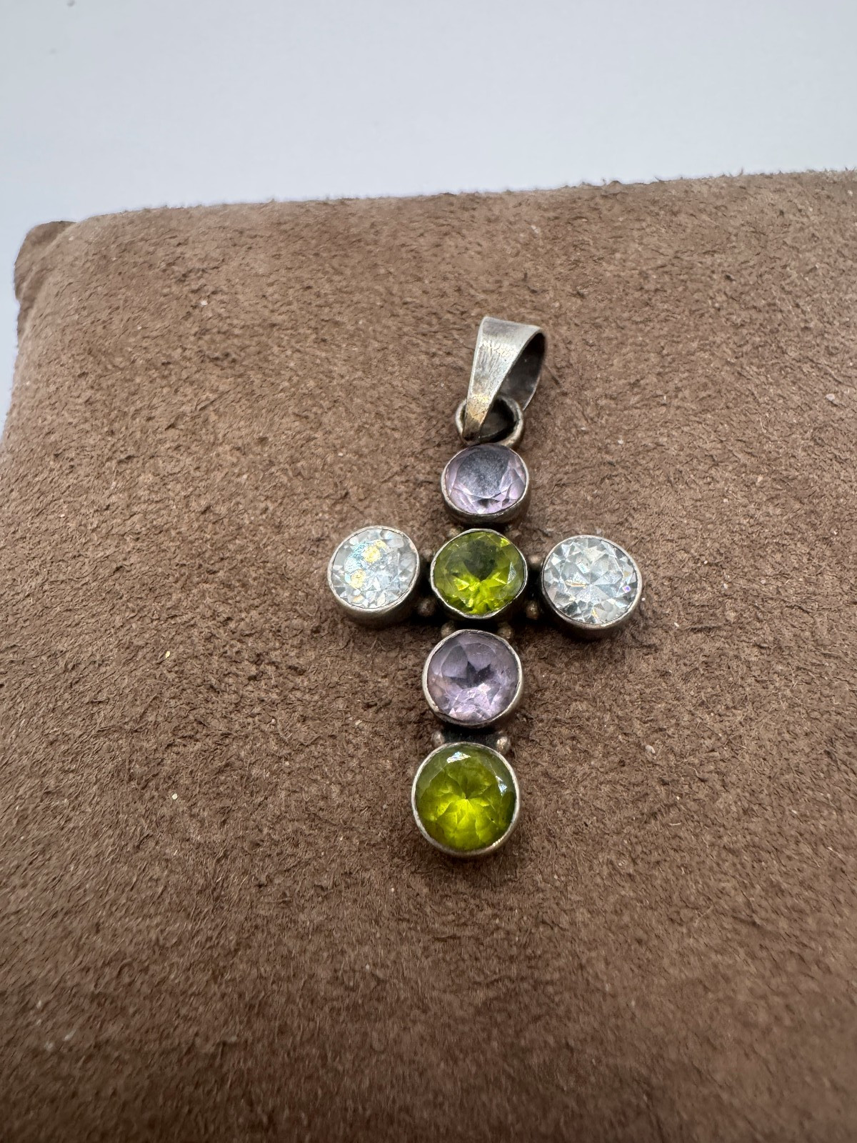 Vintage Sterling Silver Green White and Purple stone cross