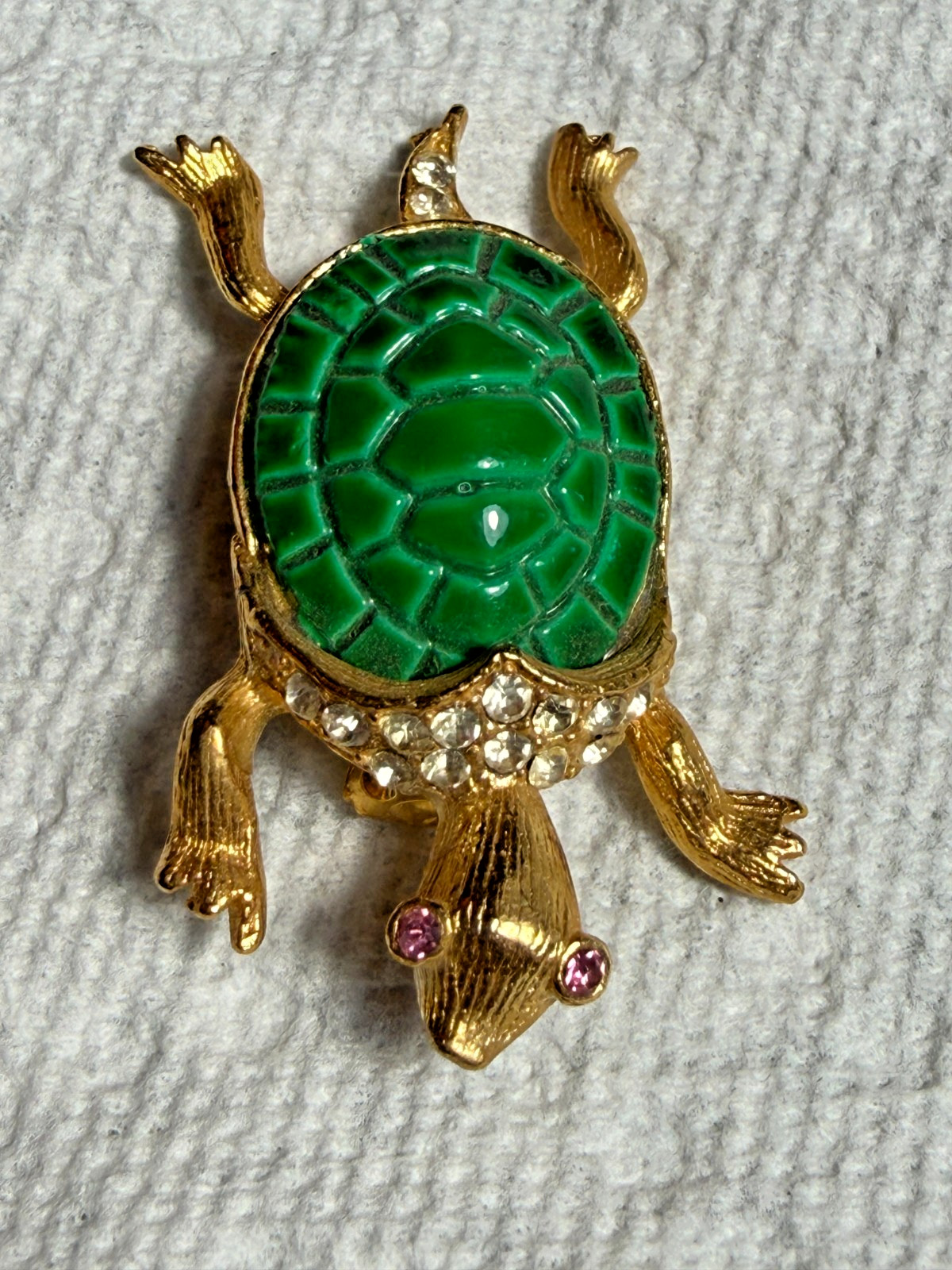 Vintage Turtle Brooch Pin Green Enameled Shell Gold Tone Pink Rhinestone Eyes
