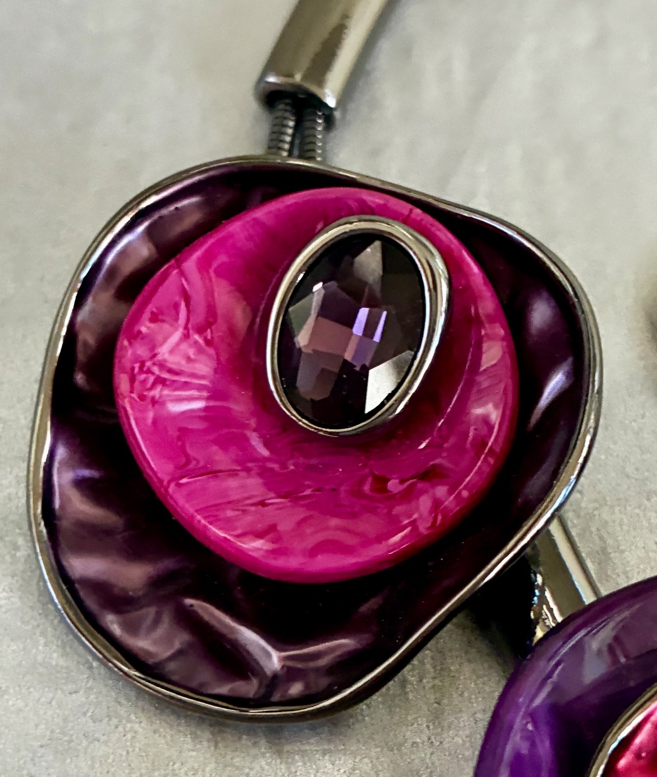 Vintage Statement Necklace Gunmetal Pink Purple Faceted Crystals Glass Acrylic
