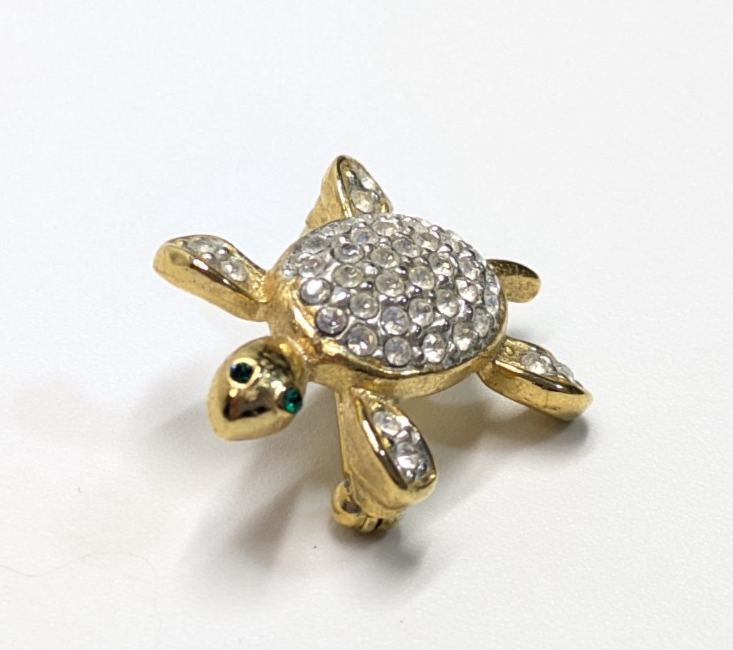 VTG Joan Rivers Pave Rhinestone Shell Gold Tone Baby Turtle Brooch Pin 1″