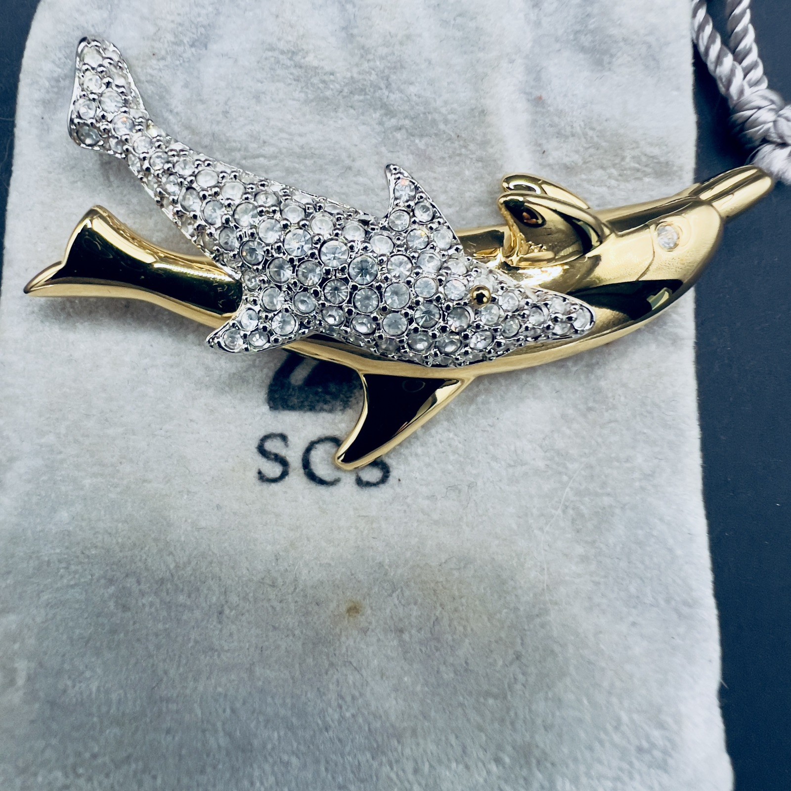 Vintage Swarovski Rhinestone Brooch Pin Dolphins Swan logo Preowned
