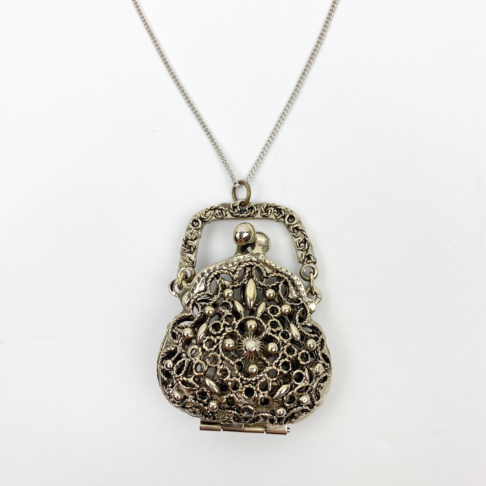 Vintage ART Arthur Pepper Necklace Metal Filigree Hinged Kiss Lock Purse Pendant