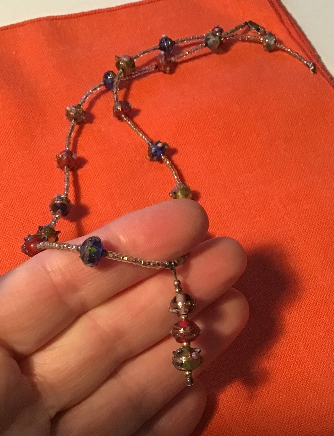 Pretty Vintage Mid Century Handmade Multicolor Candlework Beads Necklace 19”