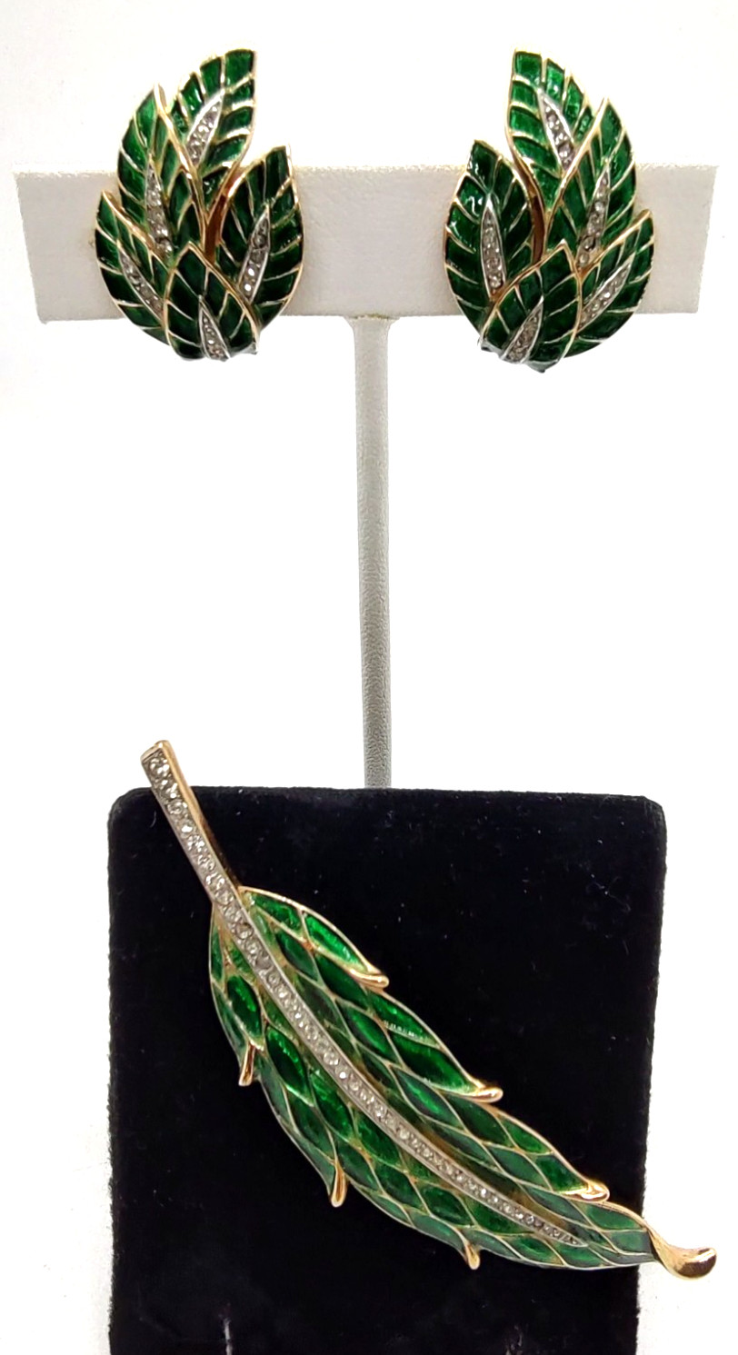 Alfred Philippe Trifari Harlequin Green Enamel Earrings and Brooch!