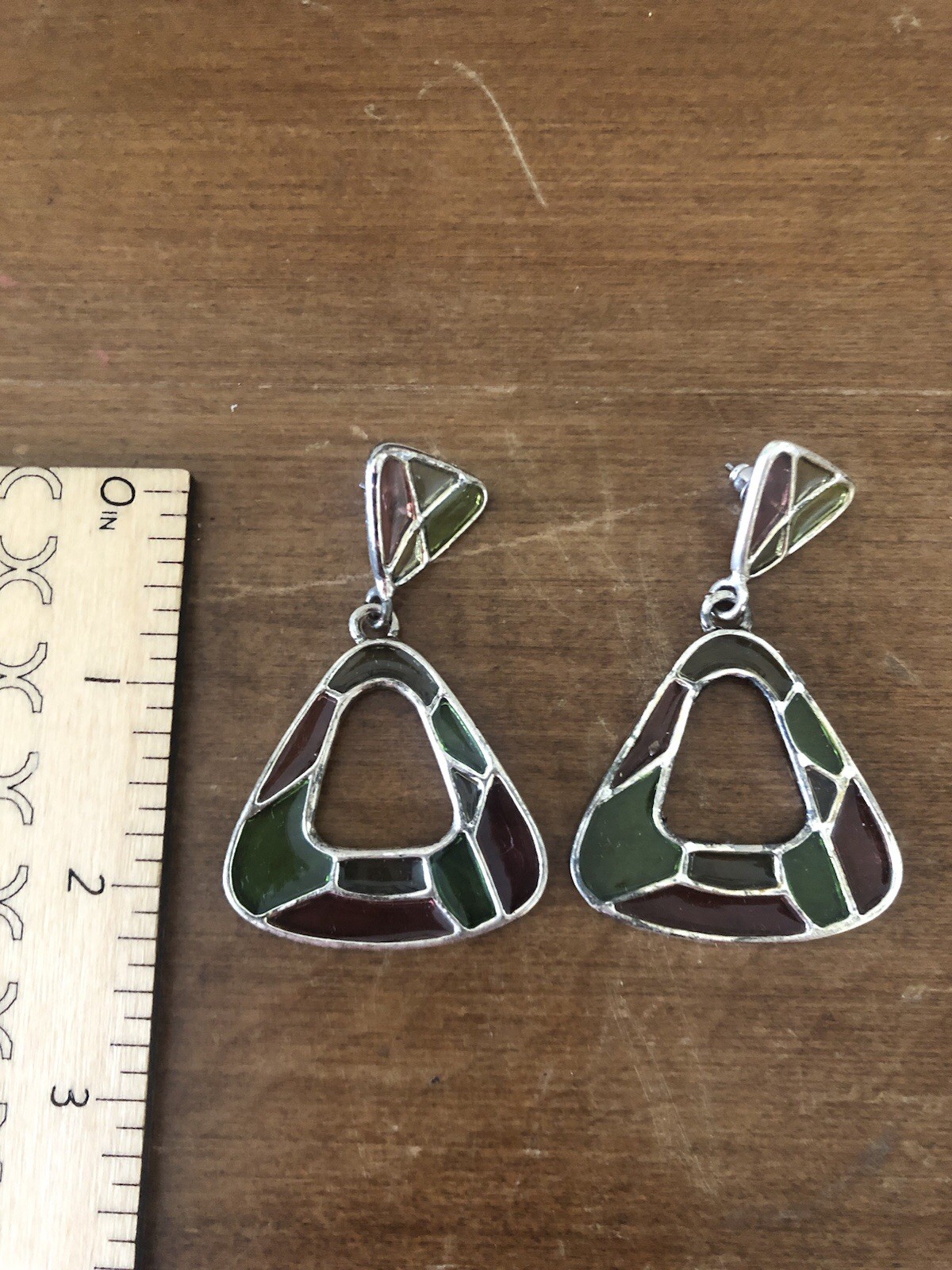 Vintage Mosaic-like Triangular Drop Dangle Earrings Green Brown Earthtones