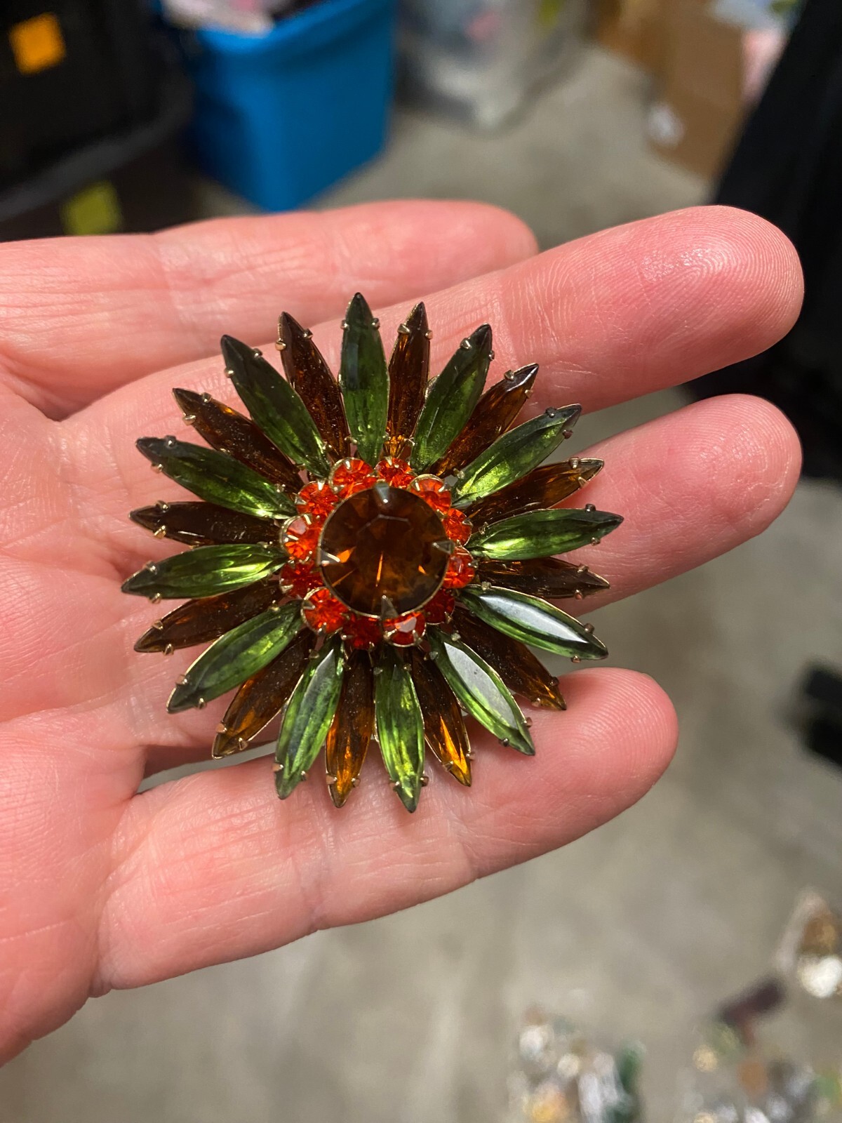 Vintage Tiered Daisy in Fall Colors Flower Rhinestone Pin Brooch