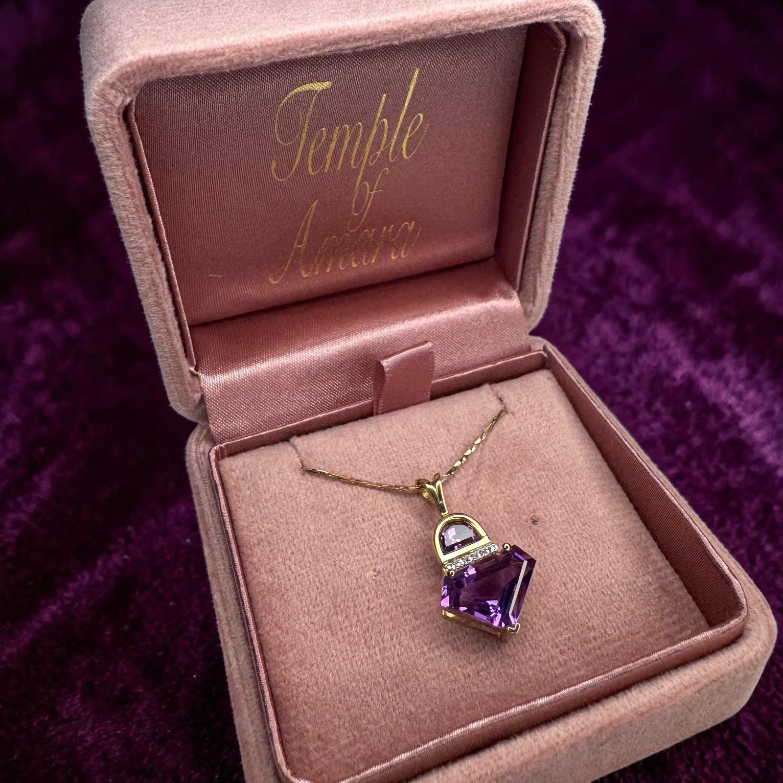 VINTAGE 14K Gold Natural Amethyst & Diamond Necklace -17″ Contemporary -4.4g