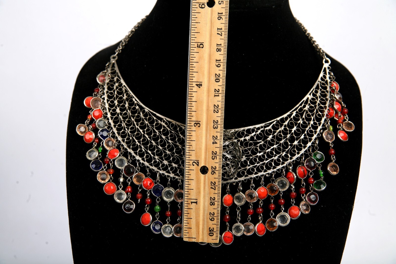 Vintage Bib Collar Choker Necklace Beaded Fringe Artisan Hand Made Mesh Filigree