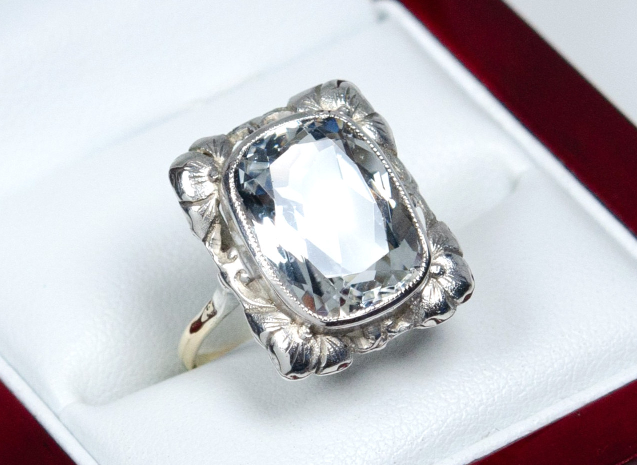 585 Gold/Silver Antique Ring Natural 8.50 ct Aquamarine Handmade 14K