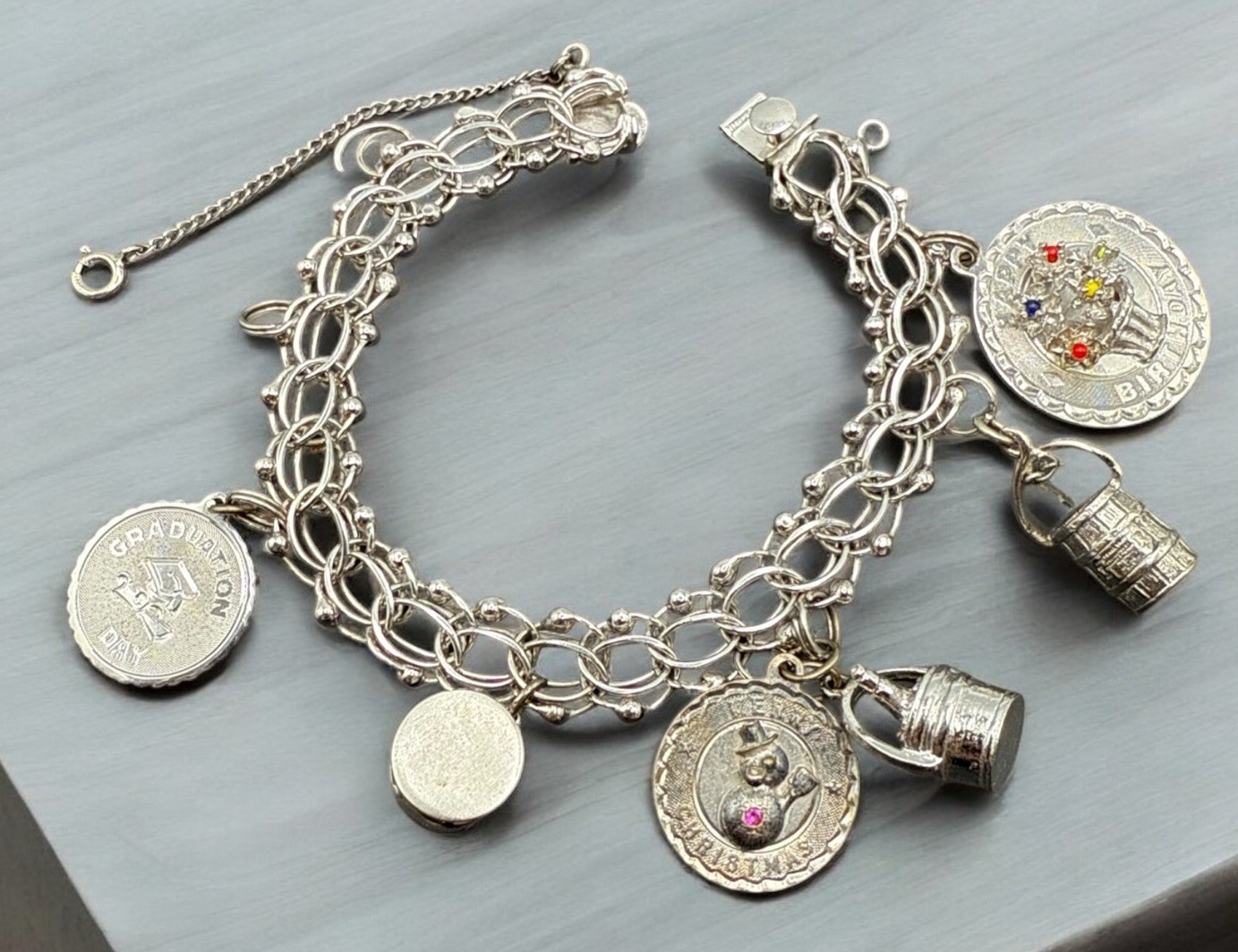 VINTAGE STERLING SILVER CHARM BRACELET Champagne Hat Barrel Grad 32 G 7” J13