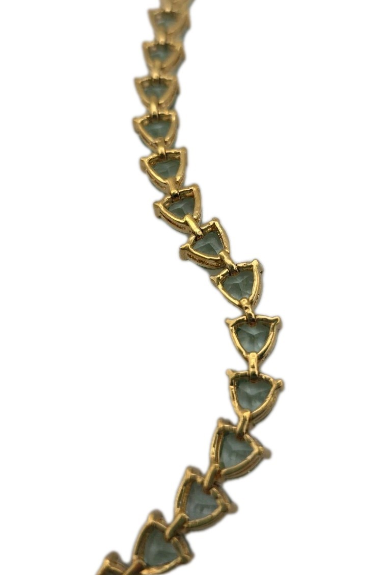 Aqua Blue Green Gold Vermeil Trillion Cut Faux Aquamarine Tennis Bracelet 6.75″