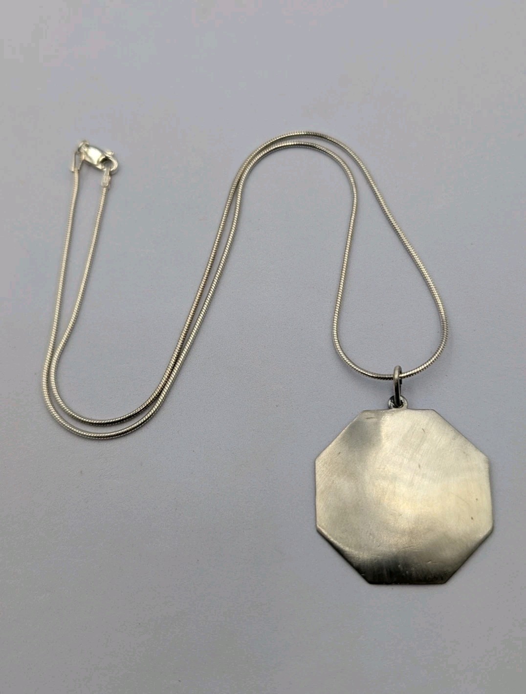 CW Vtg Sterling Silver Engravable Convex Octagon Pendant 18″ Snake 925 Necklace
