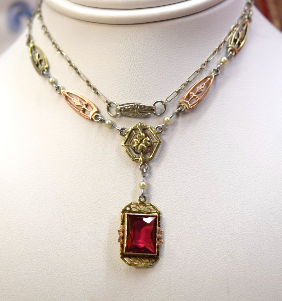 Antique Deco 10K Rose White Yellow Gold Red Ruby Glass necklace 17″