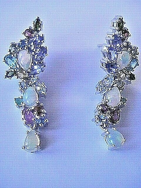 STUNNING! VINTAGE ETHIOPIAN OPAL EMERALD SAPPHIRE GARNET TOPAZ EARRINGS SS 14K