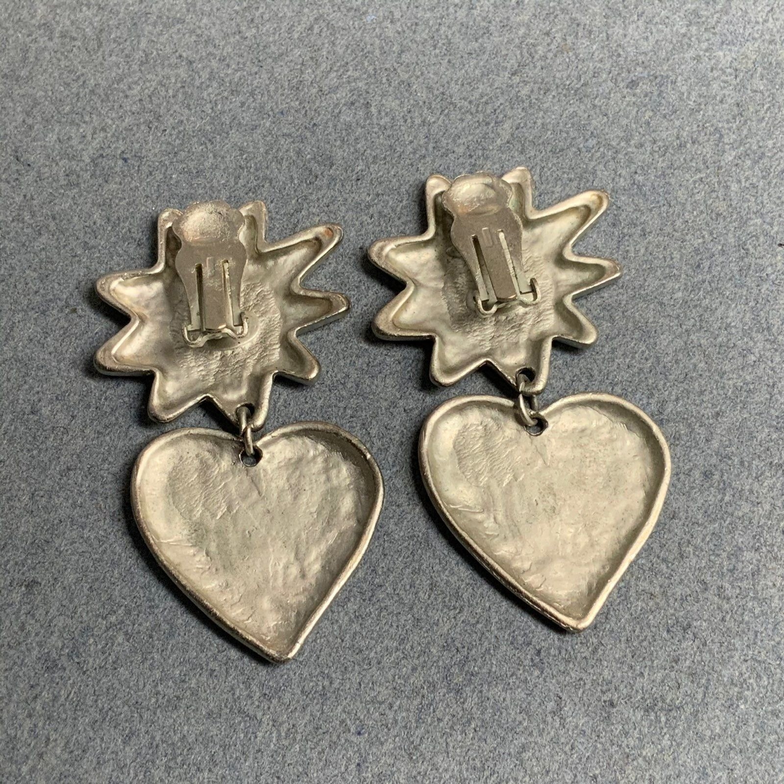 Starburst Heart Clip-On Earrings 2.5 In As Is Matte Silver Retro 50s 60s 80s 90s