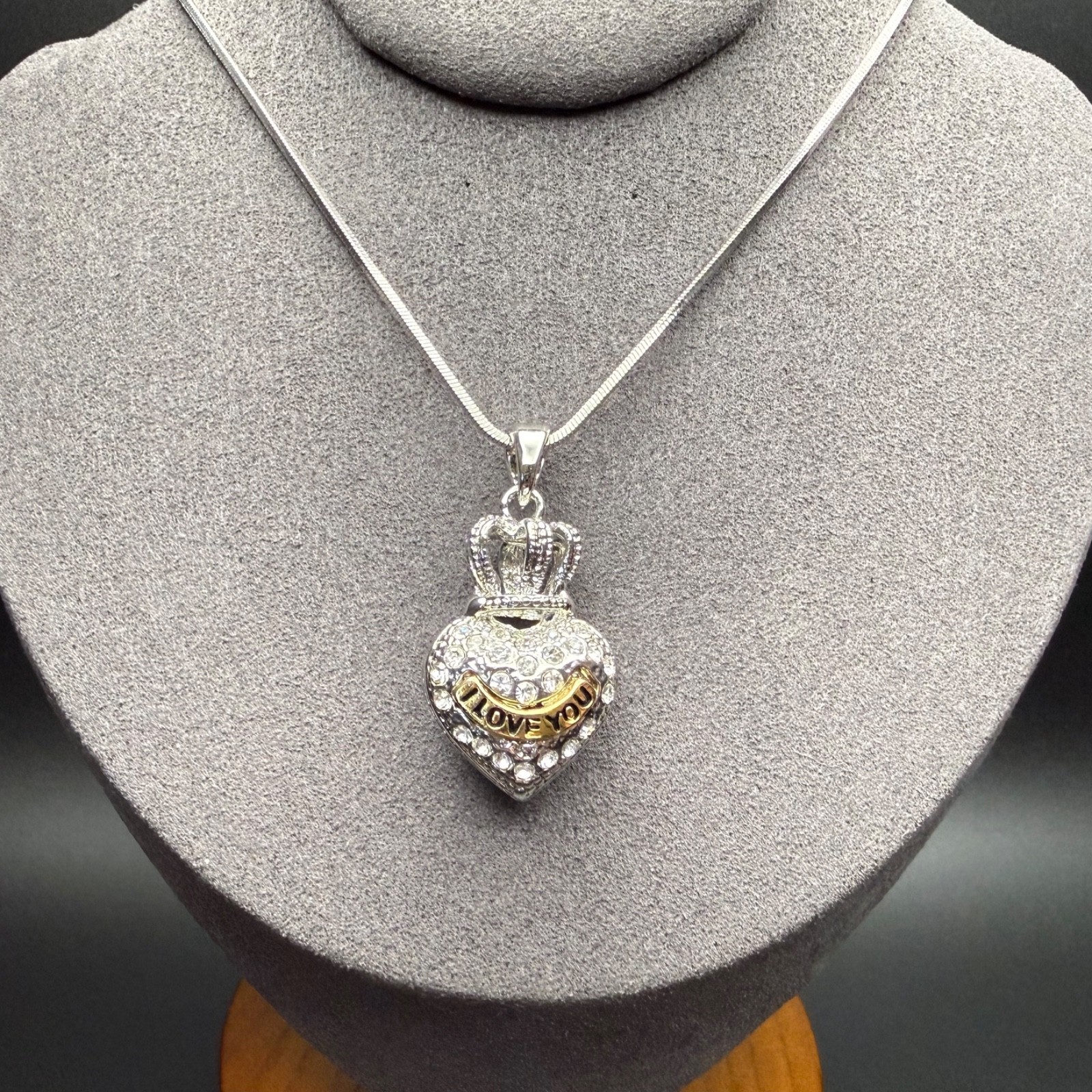 Rhinestone Crown Heart Silver & Gold Tone I LOVE YOU Pendant Necklace Y2K 2000s