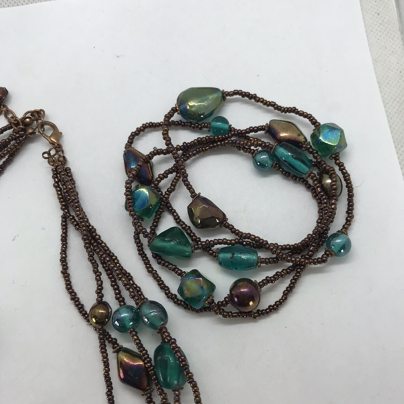 Vintage Artisan Glass Bead Necklace Multi strand with matching stretch bracelets