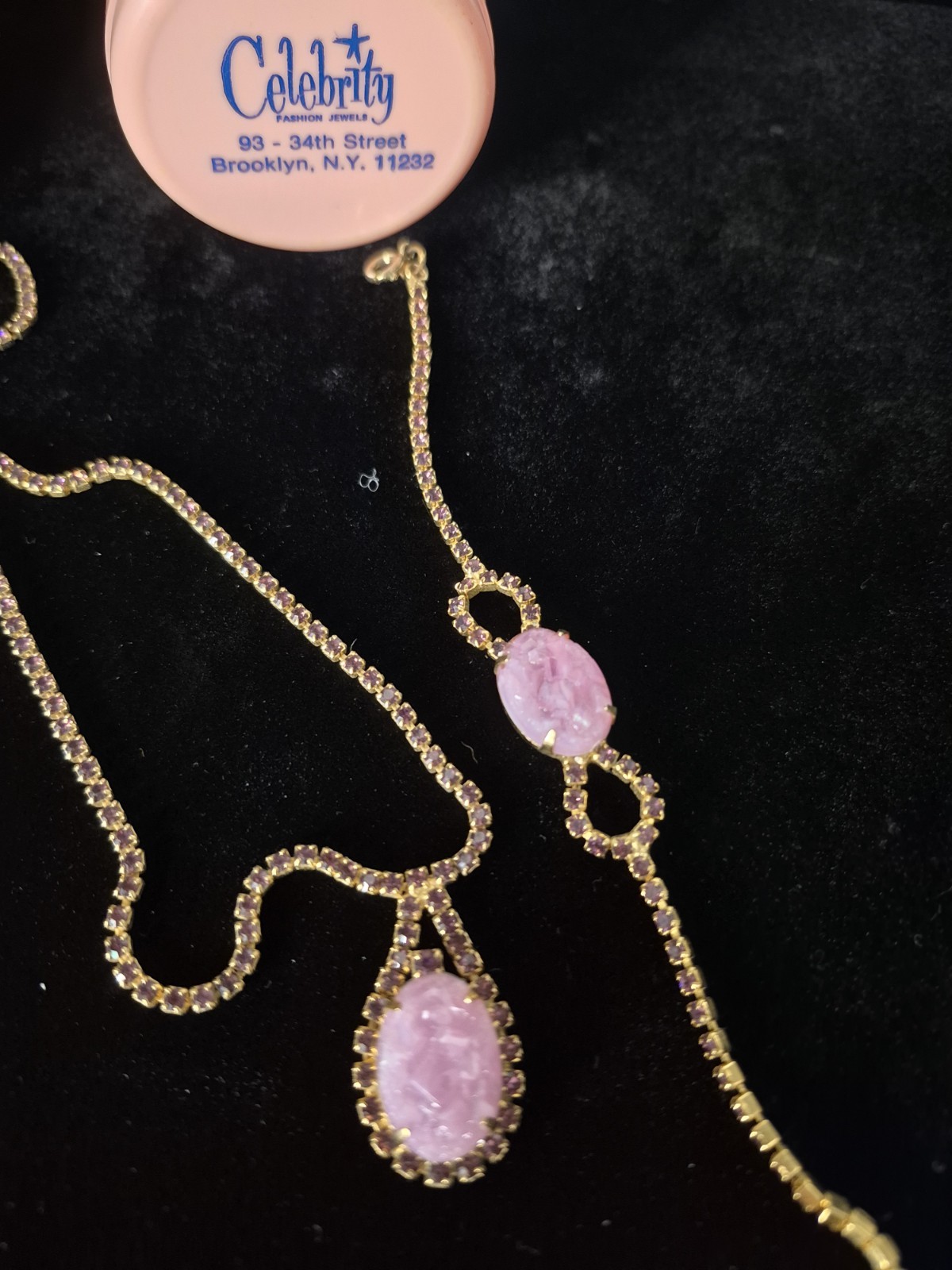 VTG CELEBRITY NY Necklace Bracelet Pink Geode/Pink Druzy w/ Purple Rhinestones