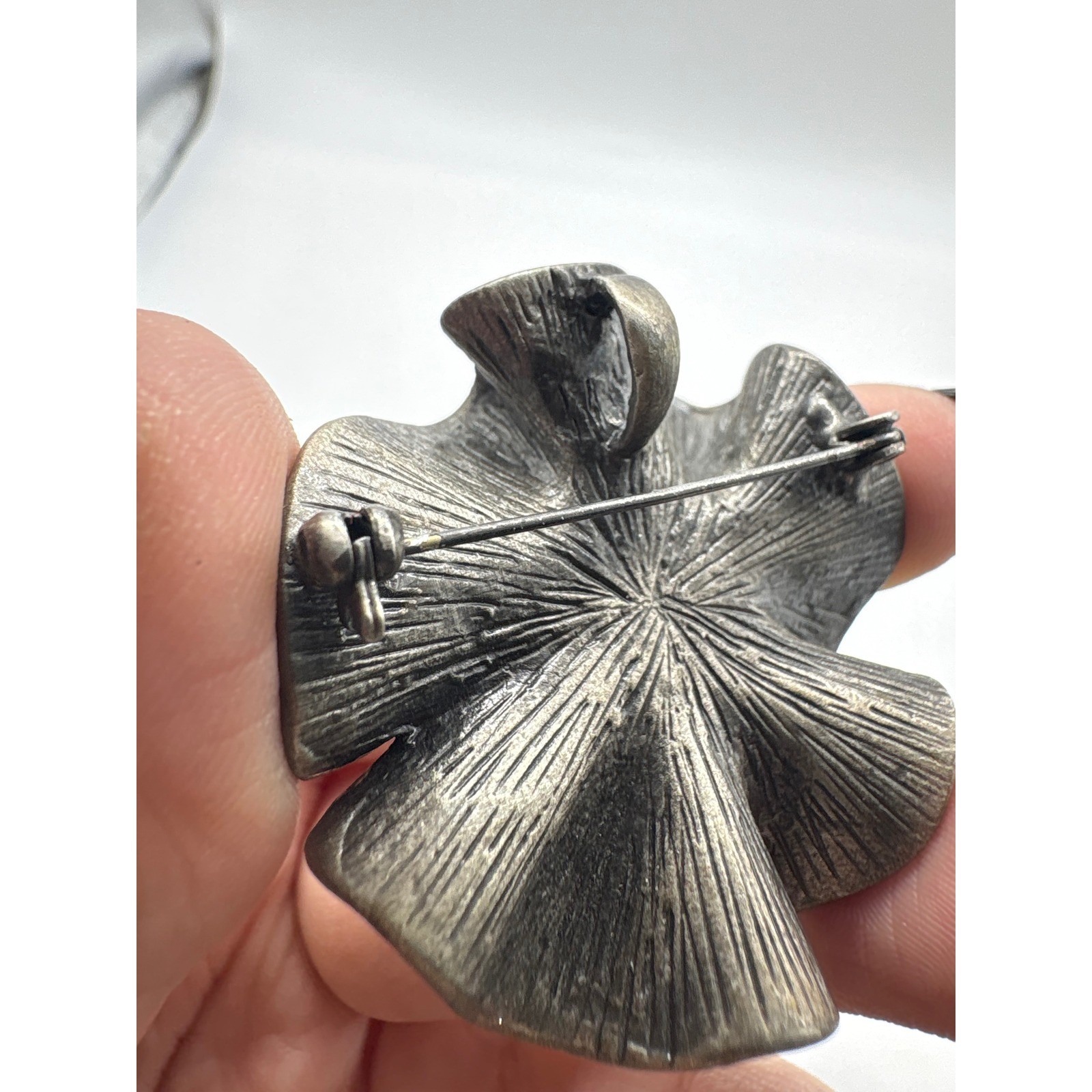Vintage Pewter Flower Blossom Convertible Brooch Pendant Rhinestone 3D Silver