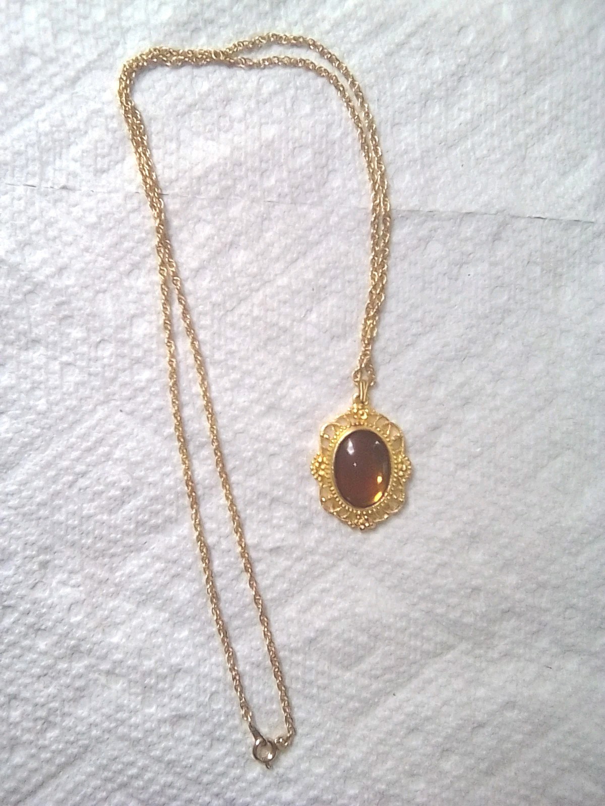 Vintage Purple Glass Oval Cabochon Pendant Gold Tone Necklace