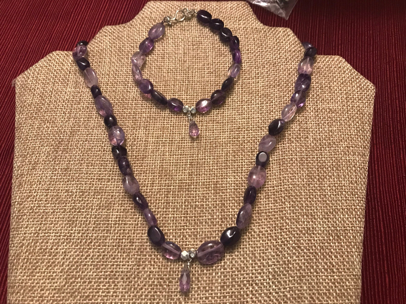 ESTATE ARTISAN “TH” AMETHYST NECKLACE 17-18” & BRACELET 7.5” SET STERLING SILVER