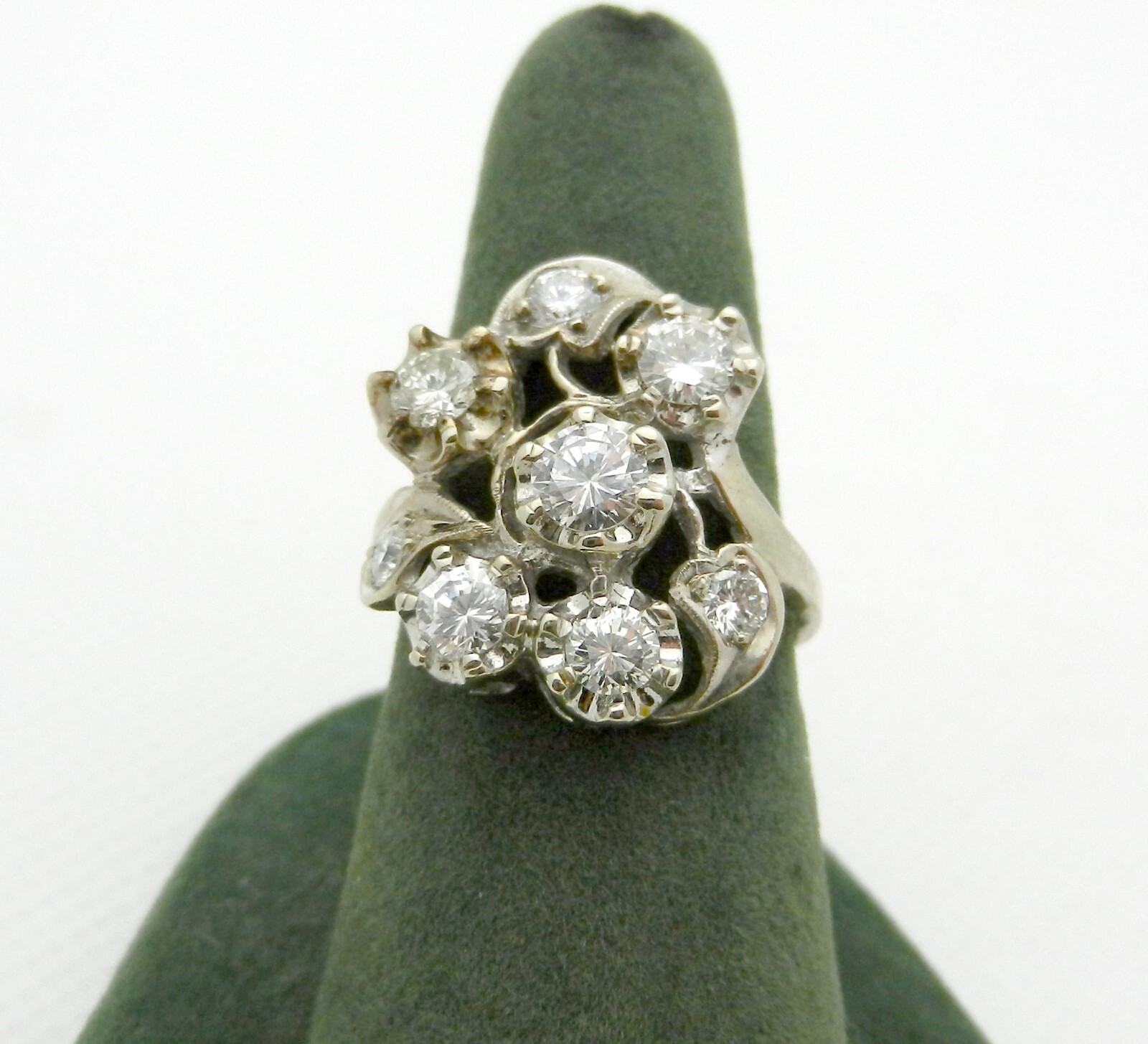 Vintage Art Deco 14k White Gold Cluster Natural Diamonds 1.25 ct Cocktail Ring