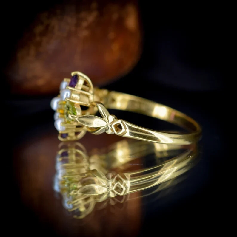 Suffragette Cluster Ring Natural Peridot Amethyst Pearl 14k Yellow Gold Finish