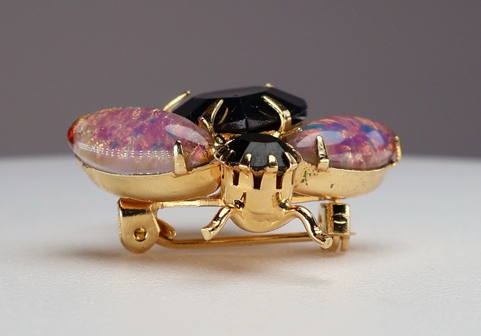 Vintage Bug Brooch Insect Glass Fire Opal Navettes Black Rhinestones Gold Tone