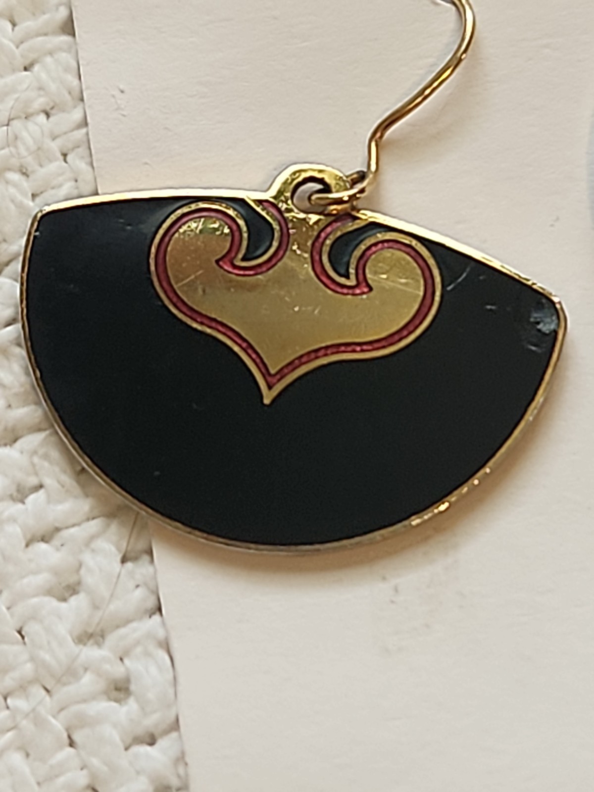 1980s Laurel Burch Deco Fan Earrings Black/Red/Gold Tone Hook