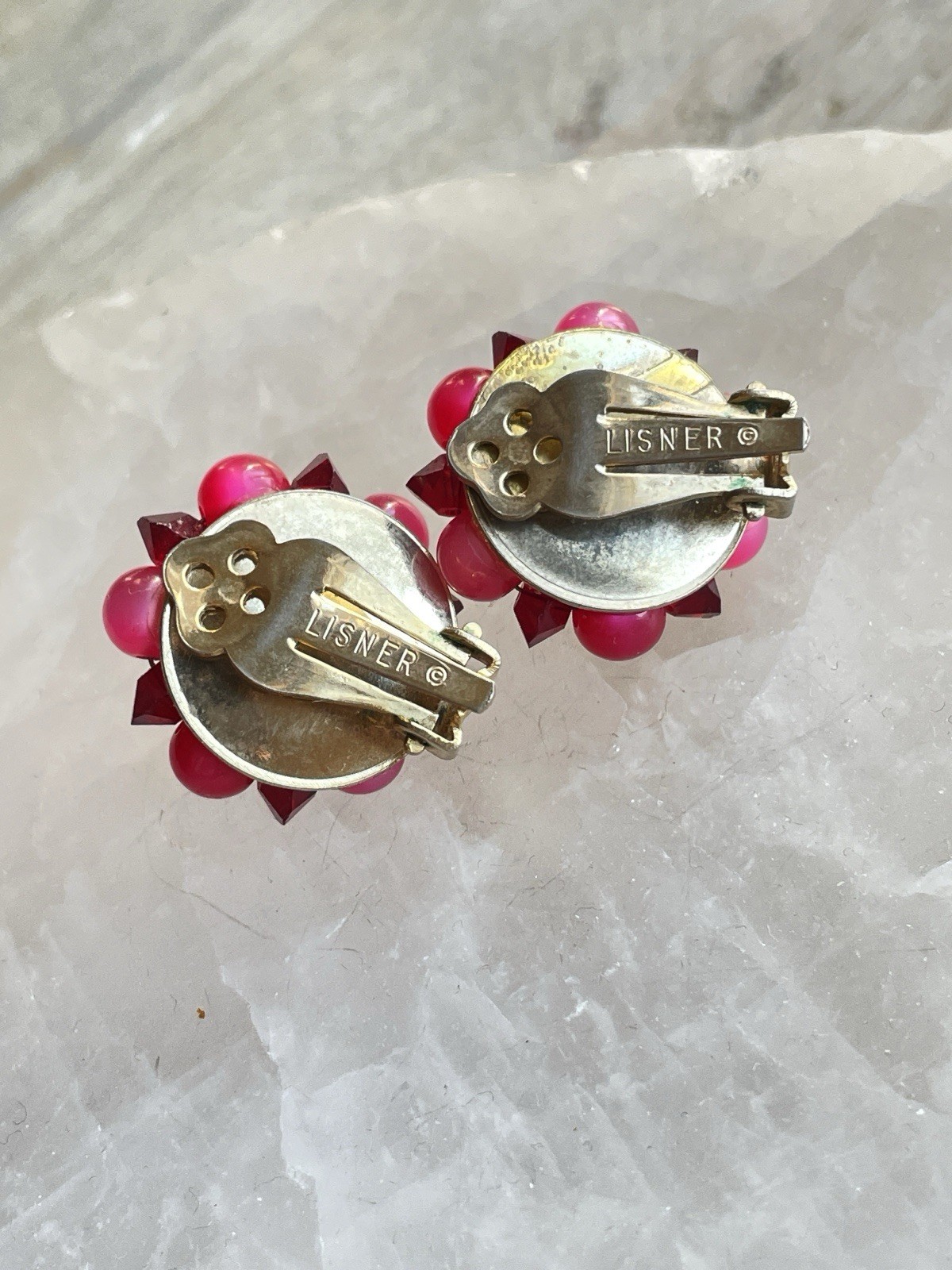 VTG Lisner Fuchsia Pink Bead Red AB Cluster Clip On Midcentury Earrings
